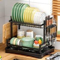 Living and Home 2-Tier Steel Dish Drainer Rack with Kitchenware Holder in Black