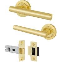 AFIT Satin Brass T-Bar Door Handle & Latch Set Round Rose 1 Pair in Gold | Size: 150mm x 150mm