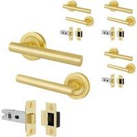 AFIT Satin Brass T-Bar Door Handle & Latch Set Round Rose 4 Pairs in Gold | Size: 150mm x 150mm