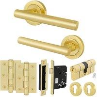 AFIT Satin Brass Euro Cylinder Door Handle Lock Hinges Complete Set in Gold | Size: 150mm x 150mm
