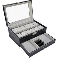 VOGREX Leather Watch Box 12 Grids Glass Display Jewelry Storage Holder in Black