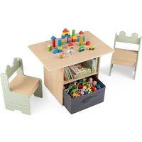 CASART Kids Table & 2 Chairs Set Wooden Activity Table Set w/ Drawer in Green