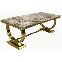 Stratus Interiors Chelsea Luxury Marble Dining Table with Gold Metal Pedestal in Light Brown