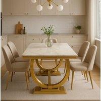 Stratus Interiors Chelsea Luxury Marble Dining Table with Gold Metal Pedestal in Ivory
