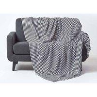 Homescapes Houndstooth 100% Cotton Bedspread Throw in Black | Size: 225 cm x 255 cm