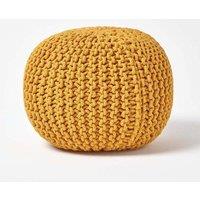 Homescapes Round Cotton Knitted Pouffe Footstool in Mustard