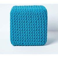 Homescapes Cube Cotton Knitted Pouffe Footstool in Teal