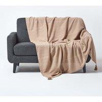 Homescapes Cotton Rajput Ribbed Throw in Beige | Size: 255 cm x 360 cm