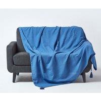 Homescapes Cotton Rajput Ribbed Throw in Blue | Size: 255 cm x 360 cm