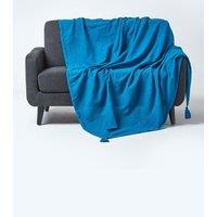 Homescapes Cotton Rajput Ribbed Throw in Teal | Size: 255 cm x 360 cm