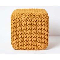 Homescapes Cube Cotton Knitted Pouffe Footstool in Mustard