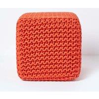 Homescapes Cube Cotton Knitted Pouffe Footstool in Burnt Orange
