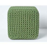 Homescapes Cube Cotton Knitted Pouffe Footstool in Dark Green