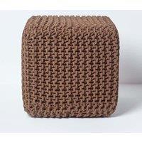 Homescapes Cube Cotton Knitted Pouffe Footstool in Chocolate