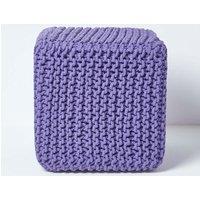 Homescapes Cube Cotton Knitted Pouffe Footstool in Purple
