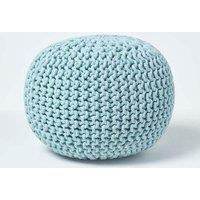 Homescapes Round Cotton Knitted Pouffe Footstool in Bright Blue