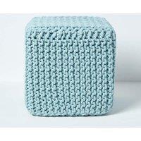 Homescapes Cube Cotton Knitted Pouffe Footstool in Duck Egg Blue