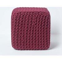 Homescapes Cube Cotton Knitted Pouffe Footstool in Plum