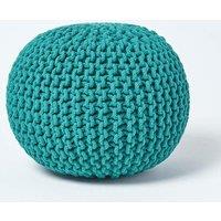 Homescapes Round Cotton Knitted Pouffe Footstool in Green
