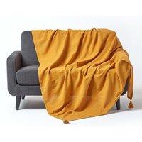 Homescapes Cotton Rajput Ribbed Throw in Mustard | Size: 255 cm x 360 cm
