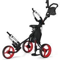 Gymax 3-Wheel Golf Push Pull Cart Folding Golf Trolley With Hydraulic Seat in Red