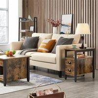 FLAVORA Industrial Rustic Wooden Narrow Bed Side Table with 2 Drawers in Brown