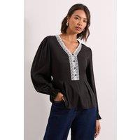 Dorothy Perkins Women's Lace Trim Blouson Sleeve Peplum Top in Black | Size: 10