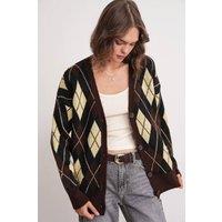 MixRay Women's Oversize Argyle V-Neck Buttoned Cardigan in Light Brown