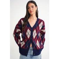 MixRay Women's Oversize Argyle V-Neck Buttoned Cardigan in Navy