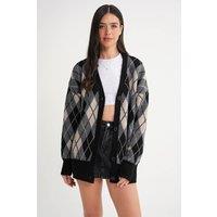 MixRay Women's Oversize Argyle V-Neck Buttoned Cardigan in Black