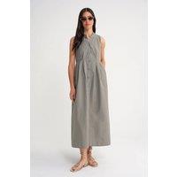 MixRay Women's Buttoned Tippet Collar Maxi Dress in Khaki | Size: Medium