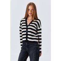MixRay Women's Striped V-Neck Buttoned Cardigan in Black
