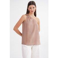MixRay Women's Asymmetrical Collar Accessory Detailed Top in Camel | Size: Medium