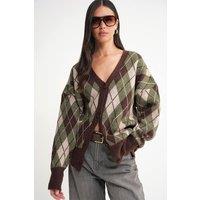 MixRay Women's Oversize Argyle V-Neck Buttoned Cardigan in Khaki