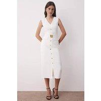 WOVCOR Women's Belted Button Front Midi Woven Dress with Pocket Detail in White | Size: 12
