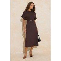 WOVCOR Women's Belted Batwing Sleeve Boat Neck Midi Dress in Brown | Size: Medium