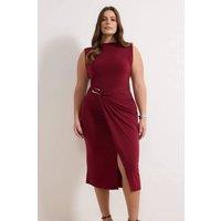 WOVCOR Women's High Neck Draped Wrap Detail Midi Pencil Dress in Burgundy | Size: XL