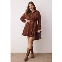 WOVCOR Women's Belted Button Front Shirt Mini Dress with Long Sleeves in Brown | Size: 14