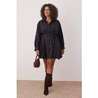 WOVCOR Women's Belted Button Front Shirt Mini Dress with Long Sleeves in Black | Size: 14