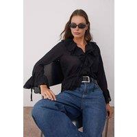 WOVCOR Women's Ruffle Front Long Sleeve Boho Style Woven Blouse in Black | Size: 6