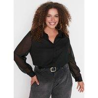 WOVCOR Women's Sheer Sleeve Button Up Woven Shirt in Black | Size: 14