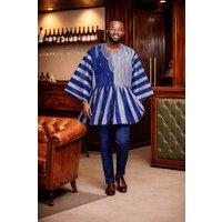 JTAPHRIQUE Men's Men's Blue & Grey Heritage Fugu Smock Top | Size: Large