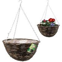 BARGAINS-GALORE 2 X Natural Rattan Wicker 16' Hanging Baskets Flower Plant Pots Decor in Brown