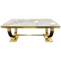 Stratus Interiors Chelsea Luxury Marble Dining Table with Gold Metal Pedestal in Metallic Gold