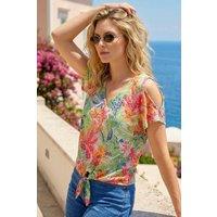 Roman Women's Floral Burnout Print Tie Front Top in Green | Size: 10