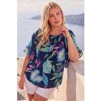 Roman Women's Curve Floral Print Shirred Bardot Top in Navy | Size: 18