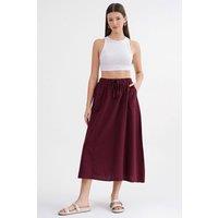 MixRay Women's High-Waisted Poplin Skirt with Drawstring Detail in Burgundy | Size: Large
