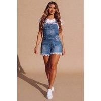 Femme Luxe Women's Wash Distressed Denim Dungaree in Blue | Size: 8