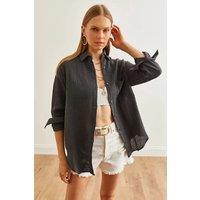 HOXTON GAL Women's Oversized Muslin Button-Up Shirt with Front Pockets in Dark Grey | Size: Small