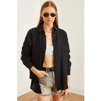HOXTON GAL Women's Oversized Muslin Button-Up Shirt with Front Pockets in Black | Size: Small